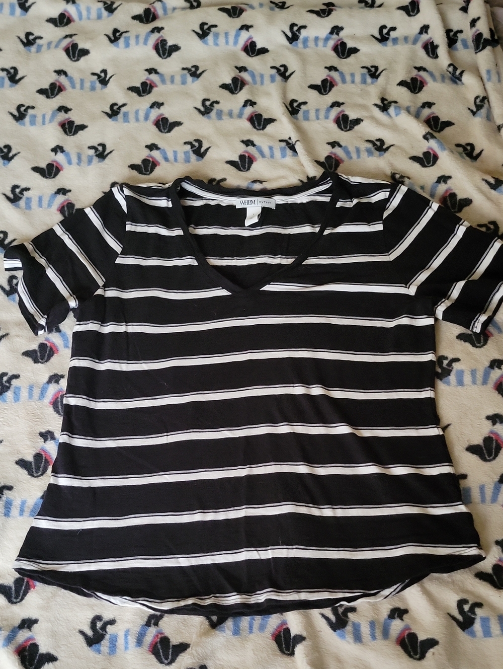 WHBM Black and White Striped V-Neck Short Sleeve Tee